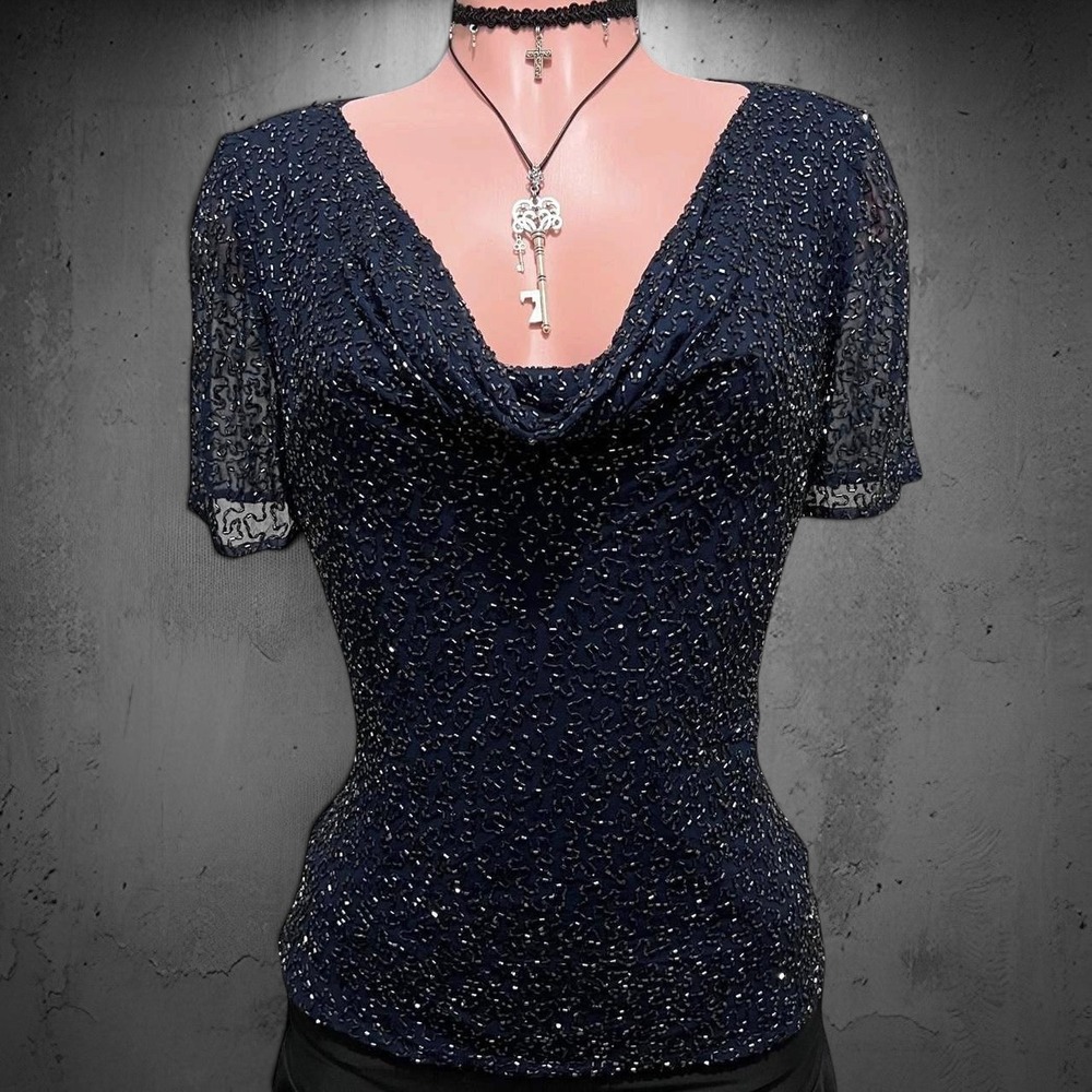 Laurence Kazar Beaded Silk Cowl Neck Blouse 10 M Navy David's Bridal Fairy Glam
